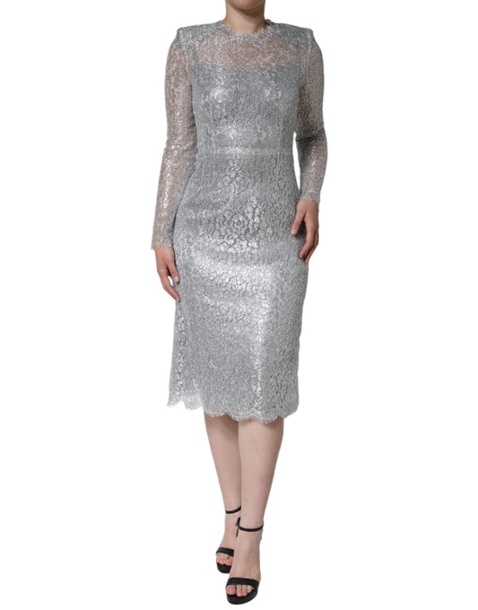 Dolce & Gabbana Silver Floral Lace Bodycon Sheath Midi Women's Dress