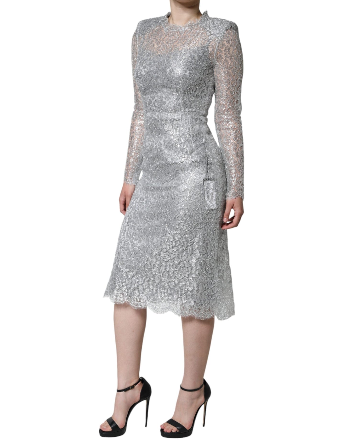 Dolce & Gabbana Silver Floral Lace Bodycon Sheath Midi Women's Dress
