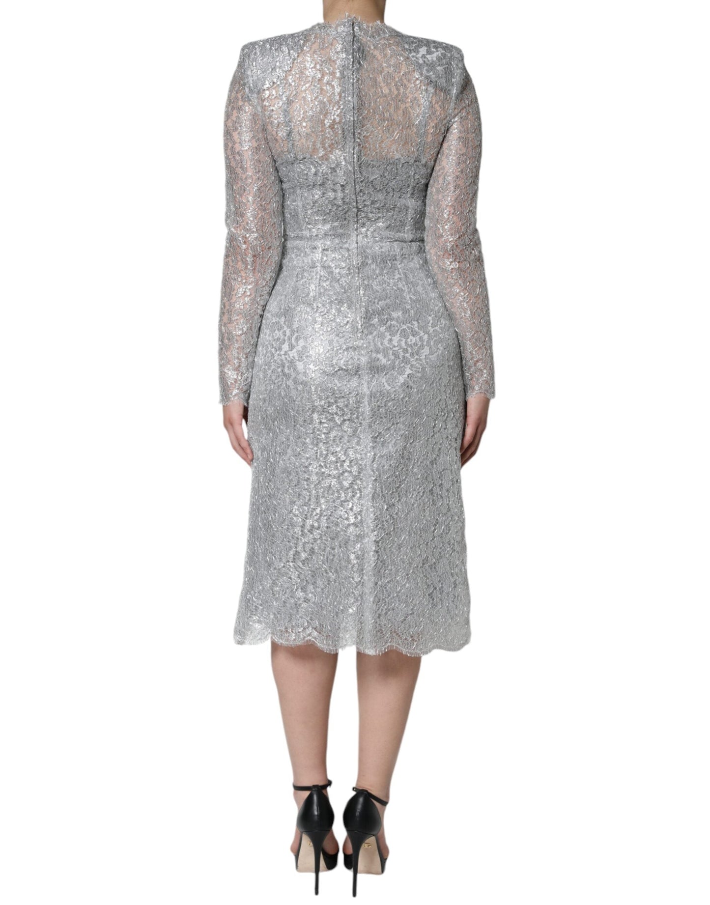 Dolce & Gabbana Silver Floral Lace Bodycon Sheath Midi Women's Dress