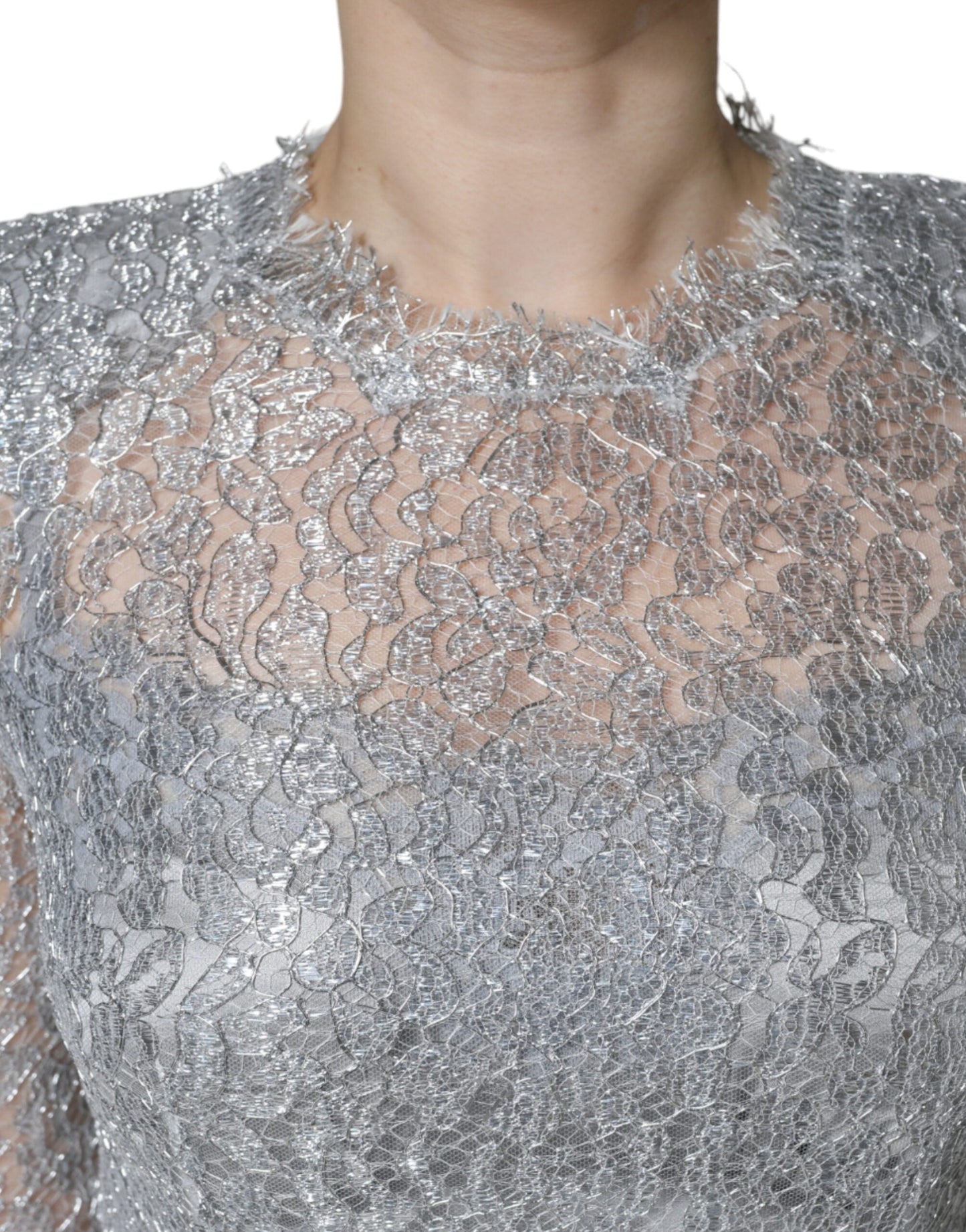 Dolce & Gabbana Silver Floral Lace Bodycon Sheath Midi Women's Dress