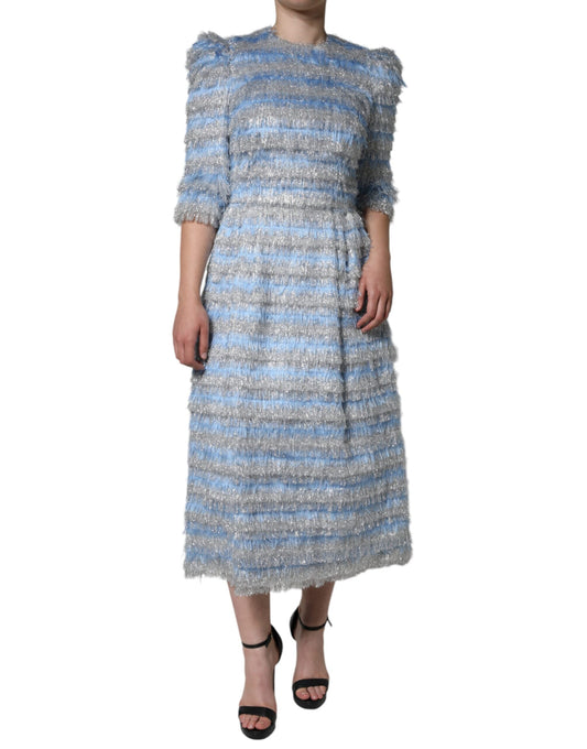 Dolce & Gabbana Light Blue Silver Jacquard A-line Midi Women's Dress
