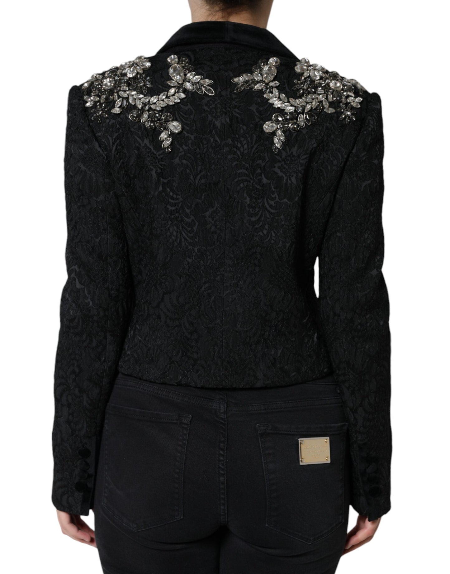 Dolce & Gabbana Black Jacquard Crystal Floral Jacket Women's Blazer