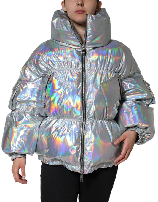 Dolce & Gabbana Silver Iridescent Puffer Full Zip Coat Women's Jacket (Pre-Owned)