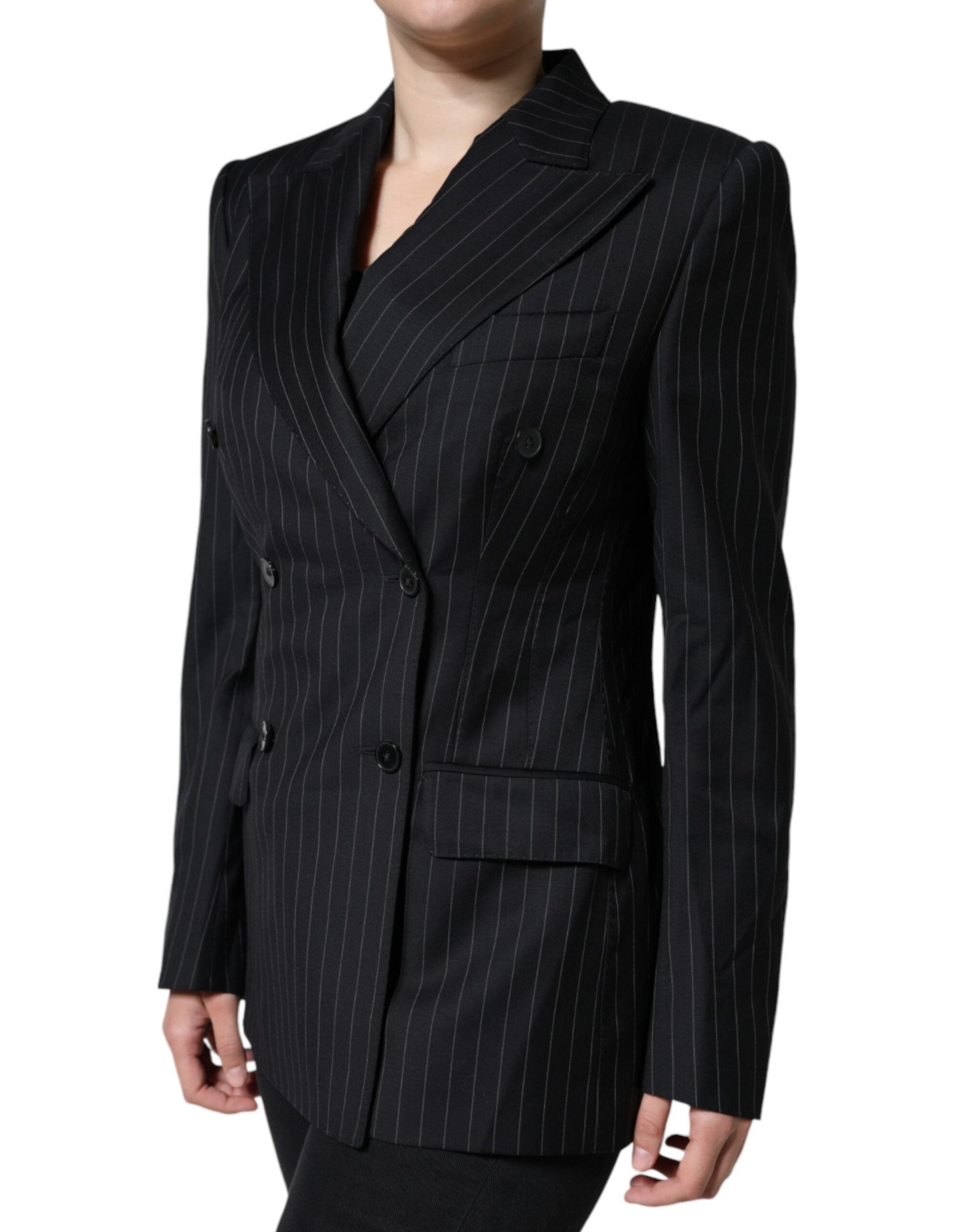Dolce & Gabbana Black Striped Double Breasted Coat Women's Jacket