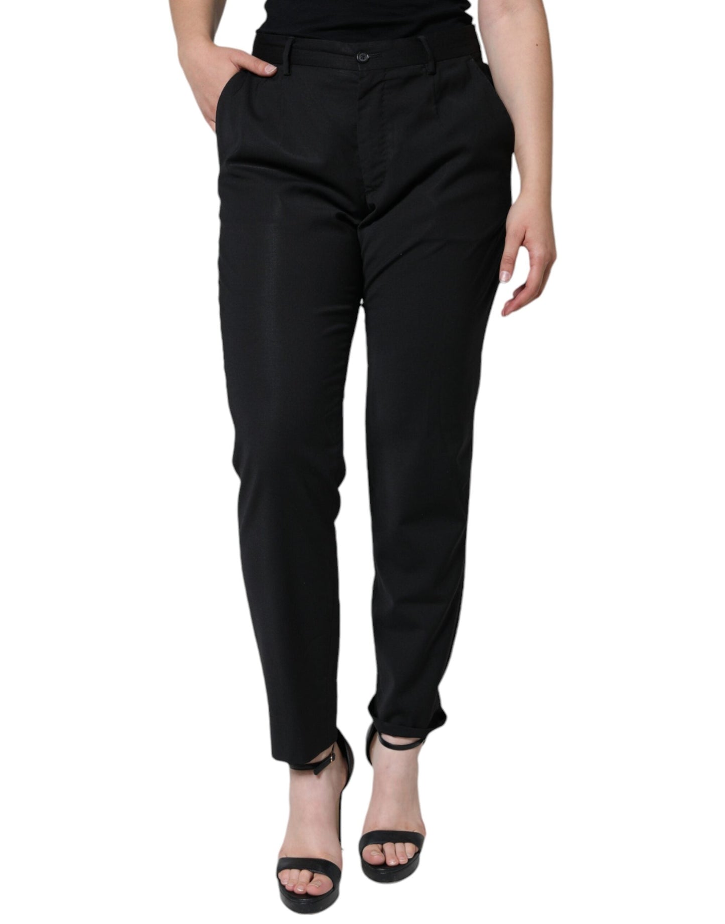 Dolce & Gabbana Black Polyester High Waist Tapered Women's Pants (Pre-Owned)