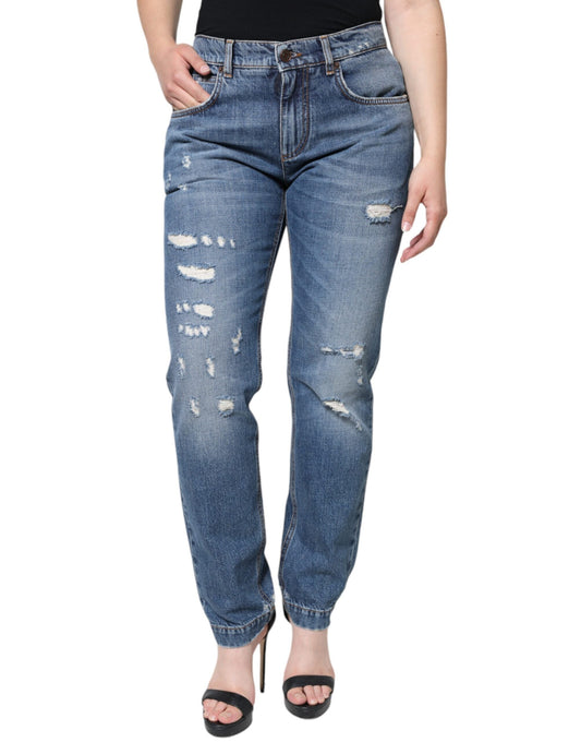 Dolce & Gabbana Blue Cotton Tattered Boyfriend Denim Women's Jeans