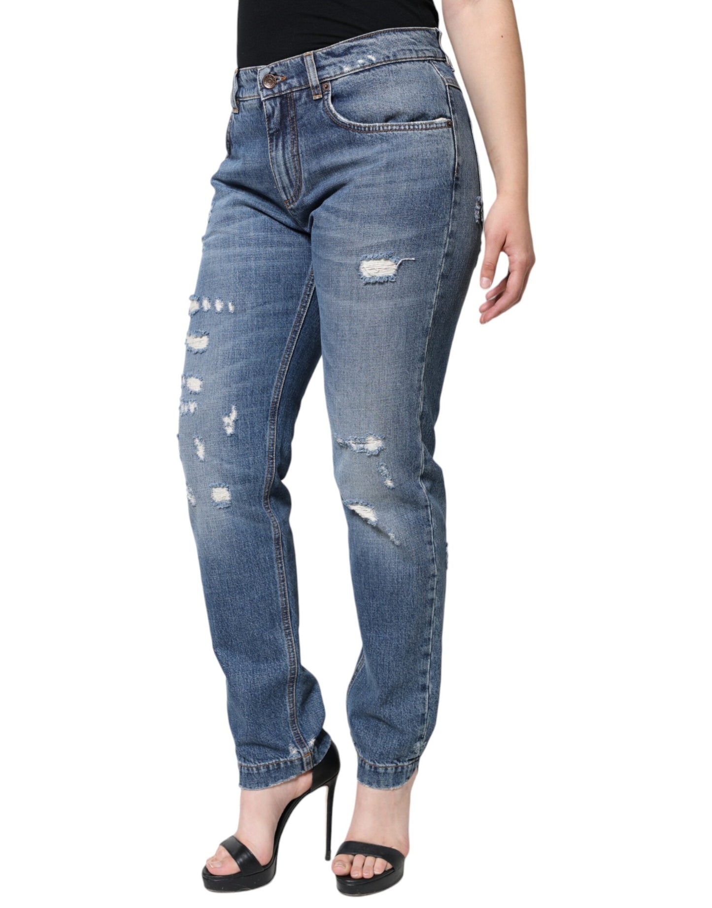 Dolce & Gabbana Blue Cotton Tattered Boyfriend Denim Women's Jeans