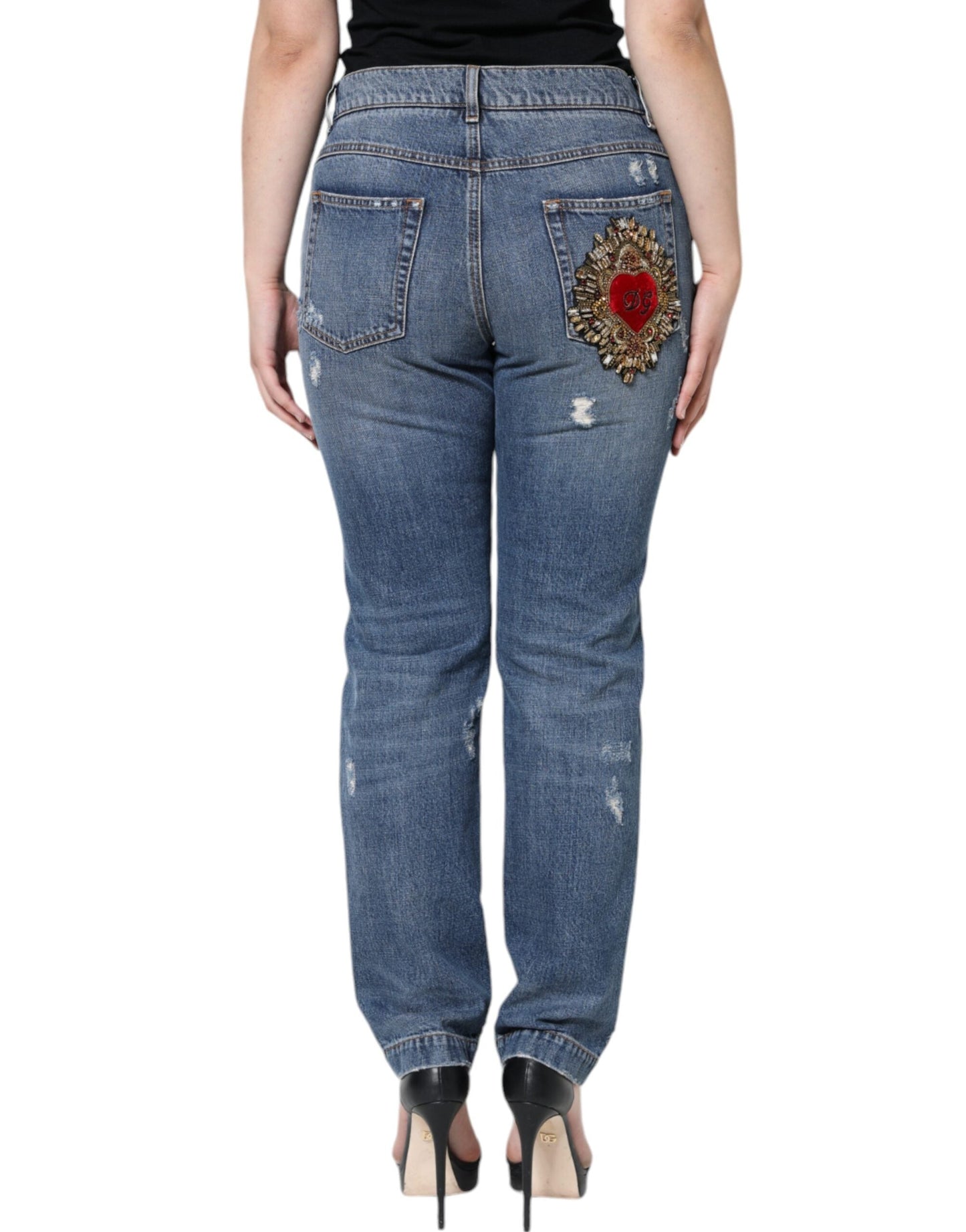 Dolce & Gabbana Blue Cotton Tattered Boyfriend Denim Women's Jeans