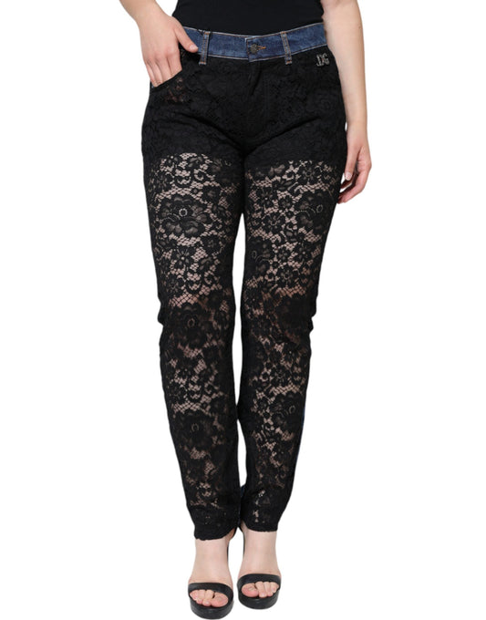Dolce & Gabbana Black Floral Lace Front Skinny Denim Women's Jeans