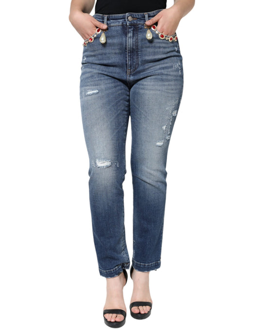 Dolce & Gabbana Dark Blue Cotton Tattered Skinny Denim Women's Jeans