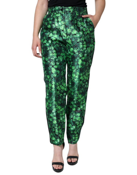 Dolce & Gabbana Green Clover Silk Satin High Waist Tapered Women's Pants