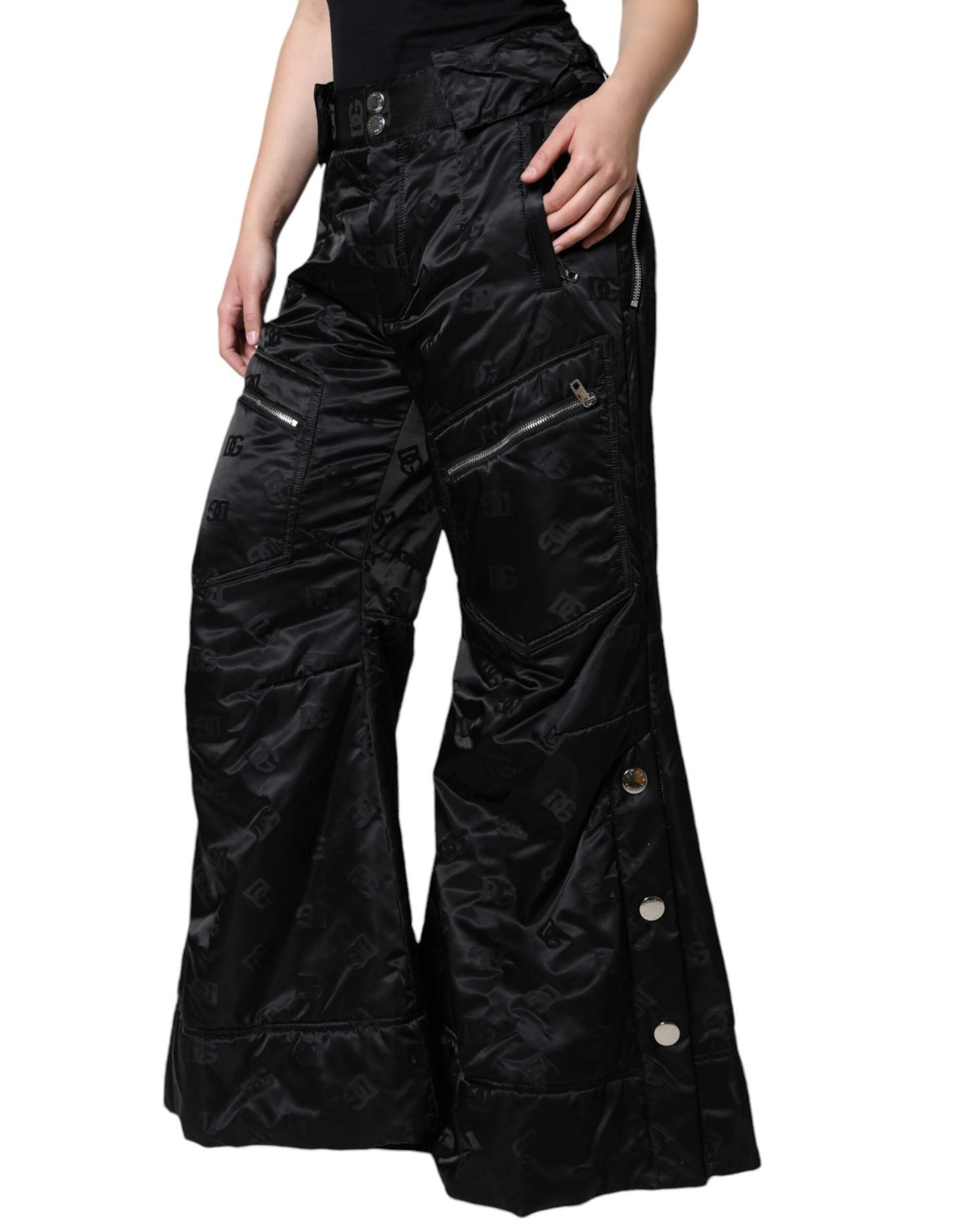 Dolce & Gabbana Black Quilted High Waist Women Wide Leg Women's Pants (Pre-Owned)