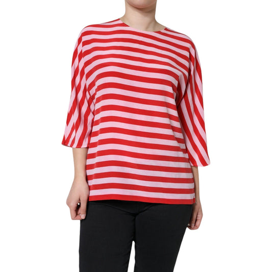 Dolce & Gabbana White Red Striped Silk Round Neck Women's T-shirt (Pre-Owned)