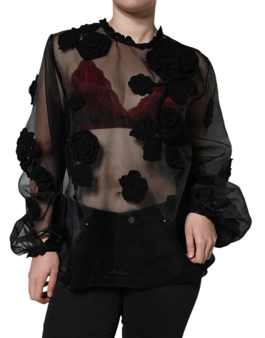 Dolce & Gabbana Black Nylon Mesh Transparent Floral Women's Blouse