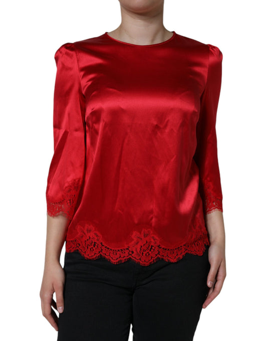 Dolce & Gabbana Red Satin Lace Trim Round Neck Blouse Women's Top (Pre-Owned)