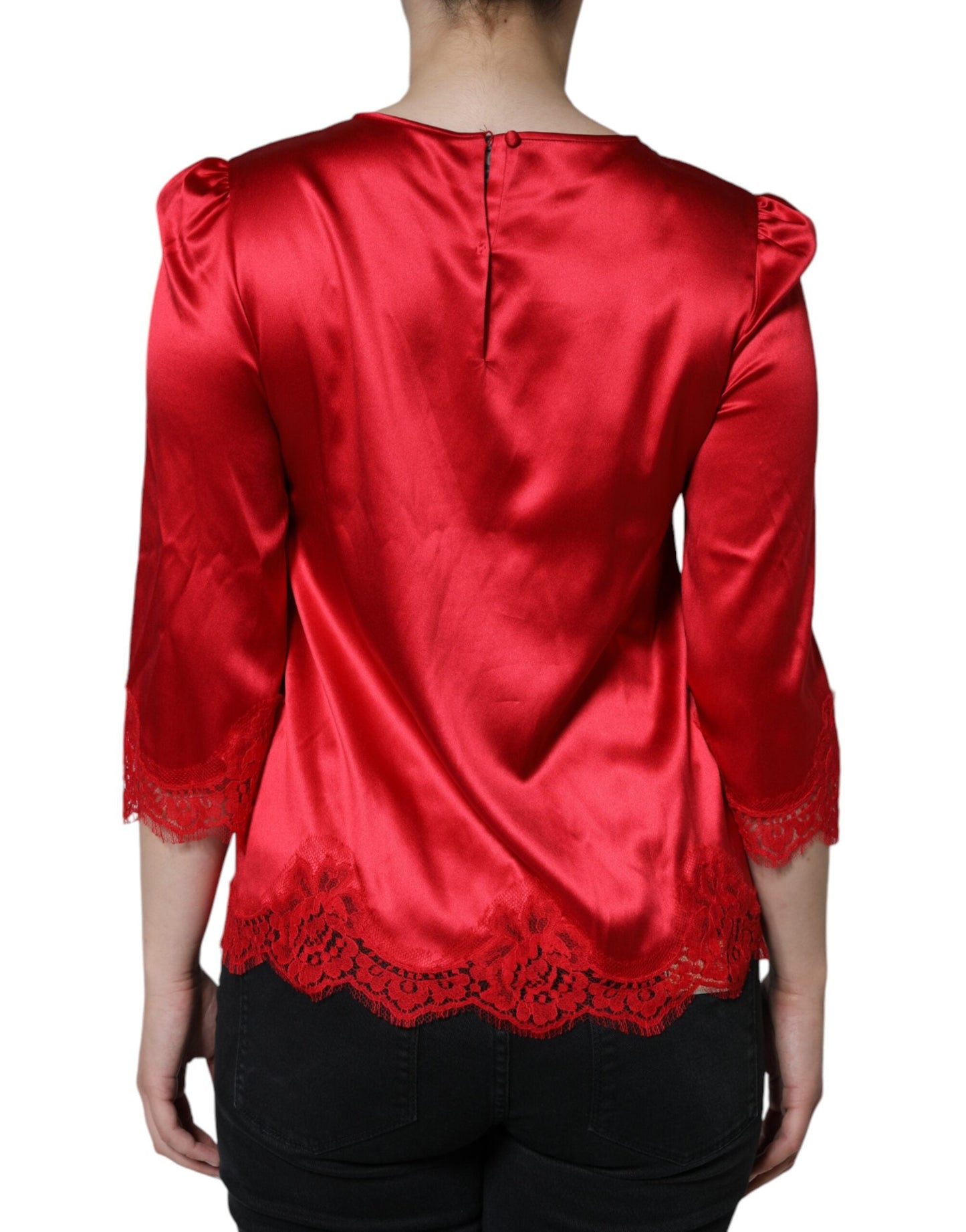 Dolce & Gabbana Red Satin Lace Trim Round Neck Blouse Women's Top (Pre-Owned)