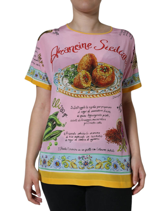 Dolce & Gabbana Pink Silk Araneine Siciliana Print Short Sleeves Women's Top