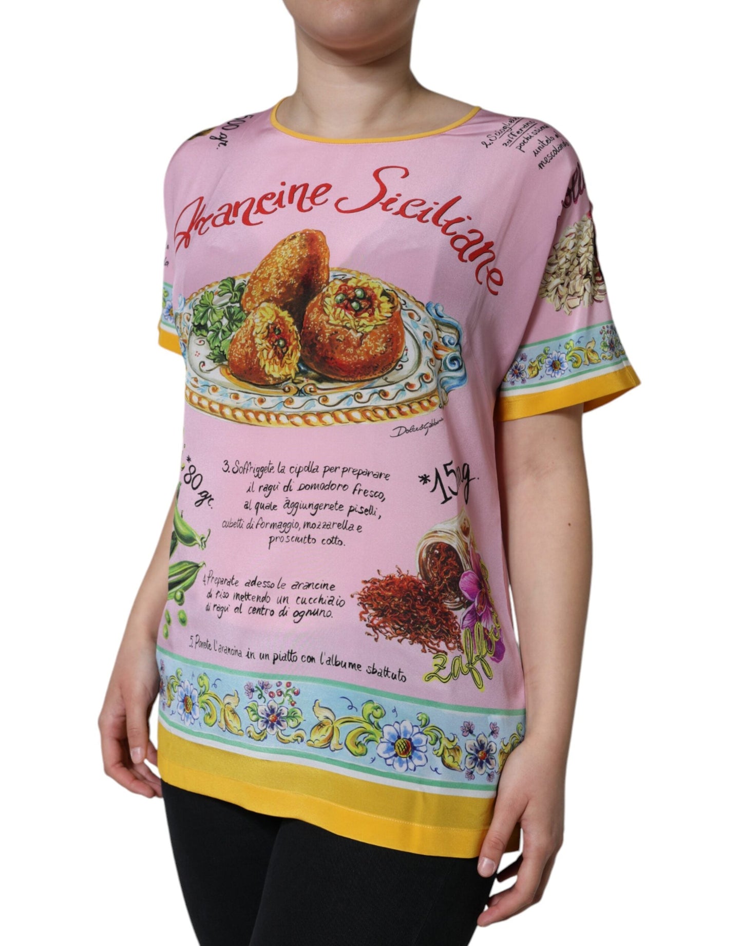 Dolce & Gabbana Pink Silk Araneine Siciliana Print Short Sleeves Women's Top