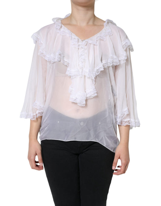 Dolce & Gabbana White Ruffles Lace Long Sleeve Blouse Women's Top