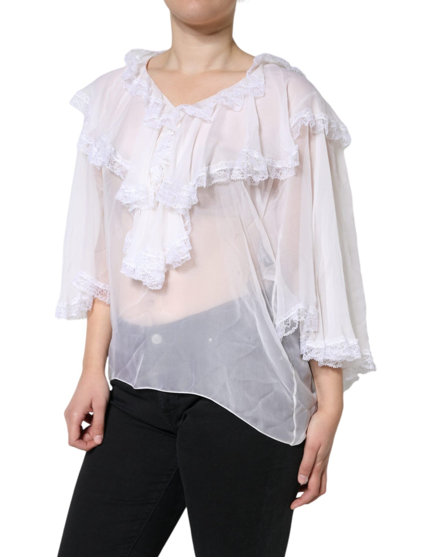 Dolce & Gabbana White Ruffles Lace Long Sleeve Blouse Women's Top