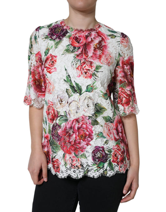 Dolce & Gabbana White Peony Lace Short Sleeves Blouse Women's Top