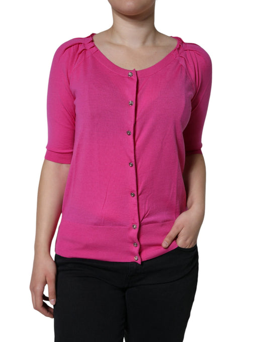 Dolce & Gabbana Pink Wool Button Down Short Sleeve Blouse Women's Top