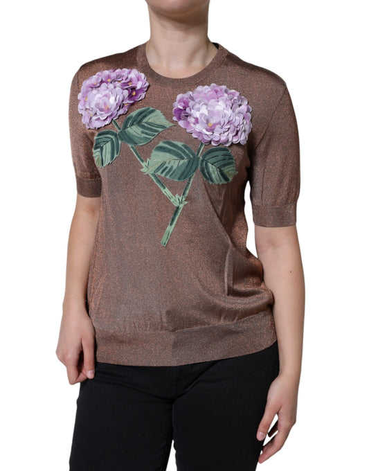 Dolce & Gabbana Brown Floral Applique Viscose Short Sleeve Women's Top (Pre-Owned)