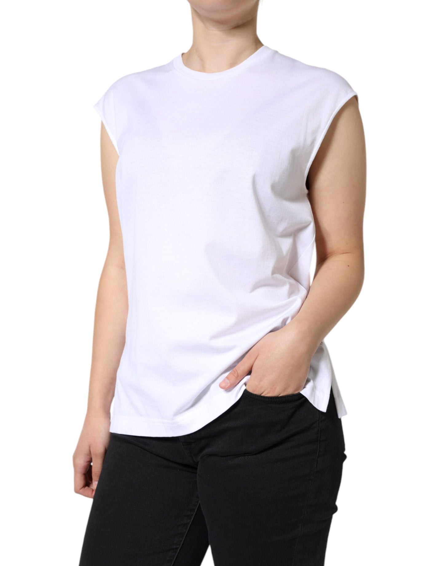Dolce & Gabbana White Cotton Sleeveless Crew Neck Women's T-shirt (Pre-Owned)