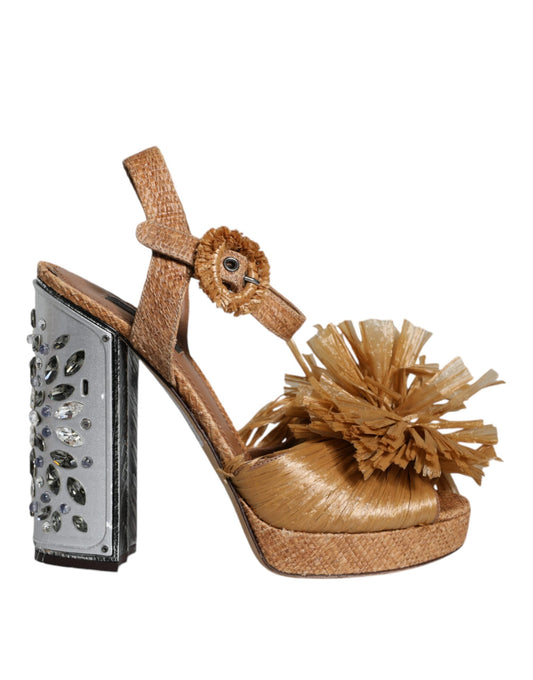 Dolce & Gabbana Brown Raffia Ankle Strap Crystal Sandals Women's Shoes (Pre-Owned)