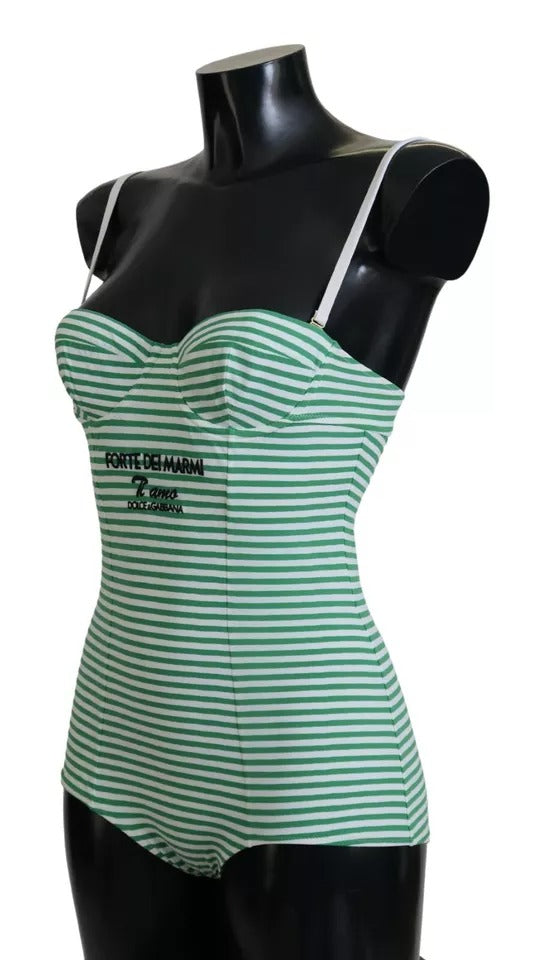 Dolce & Gabbana White Green Stripes One Piece Beachwear Women's Swimwear