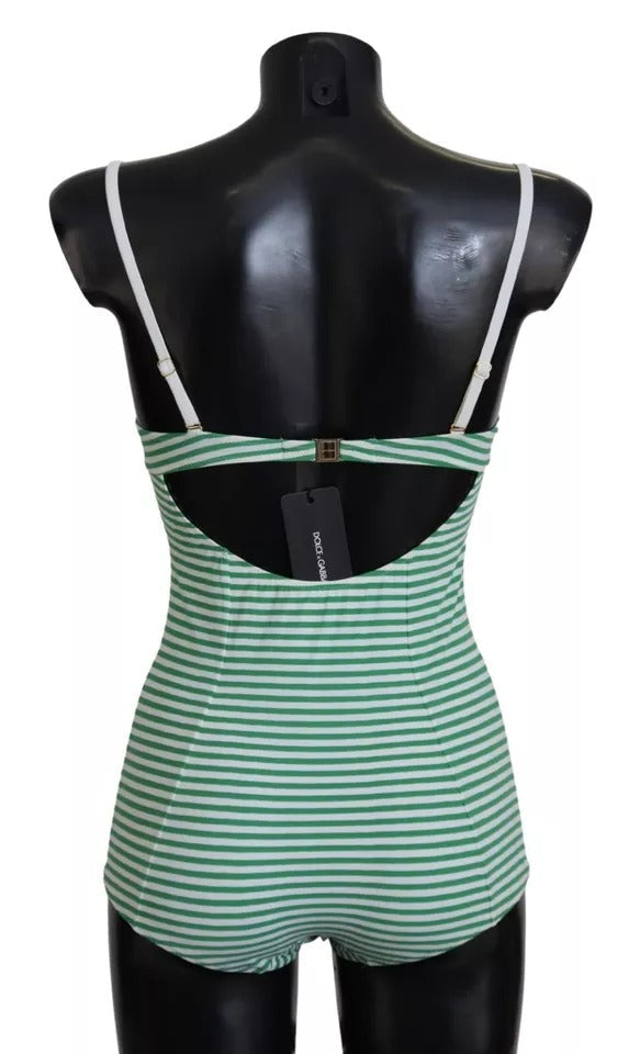 Dolce & Gabbana White Green Stripes One Piece Beachwear Women's Swimwear