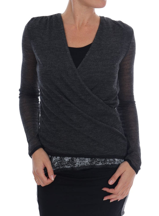 Ermanno Scervino Gray Wool Lace Top Long Sleeved Women's T-shirt