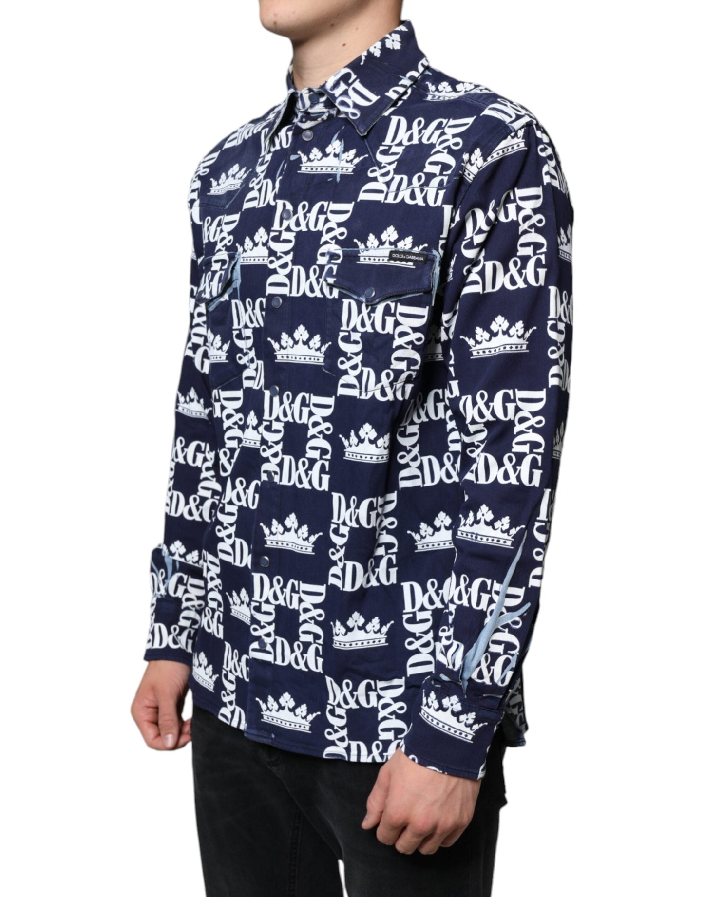 Dolce & Gabbana Blue Crown Logo Print Slim Fit Cotton Men's Shirt
