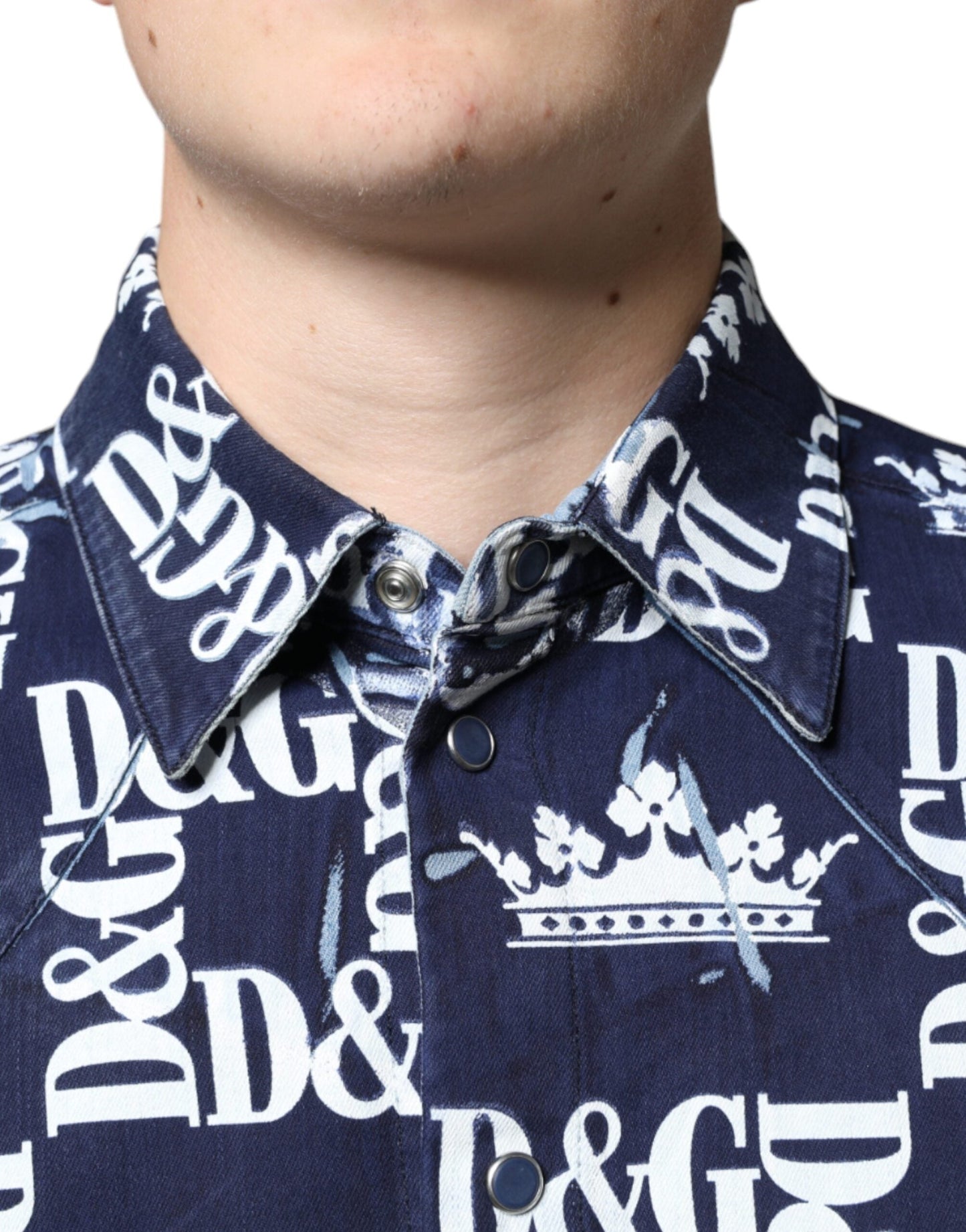 Dolce & Gabbana Blue Crown Logo Print Slim Fit Cotton Men's Shirt