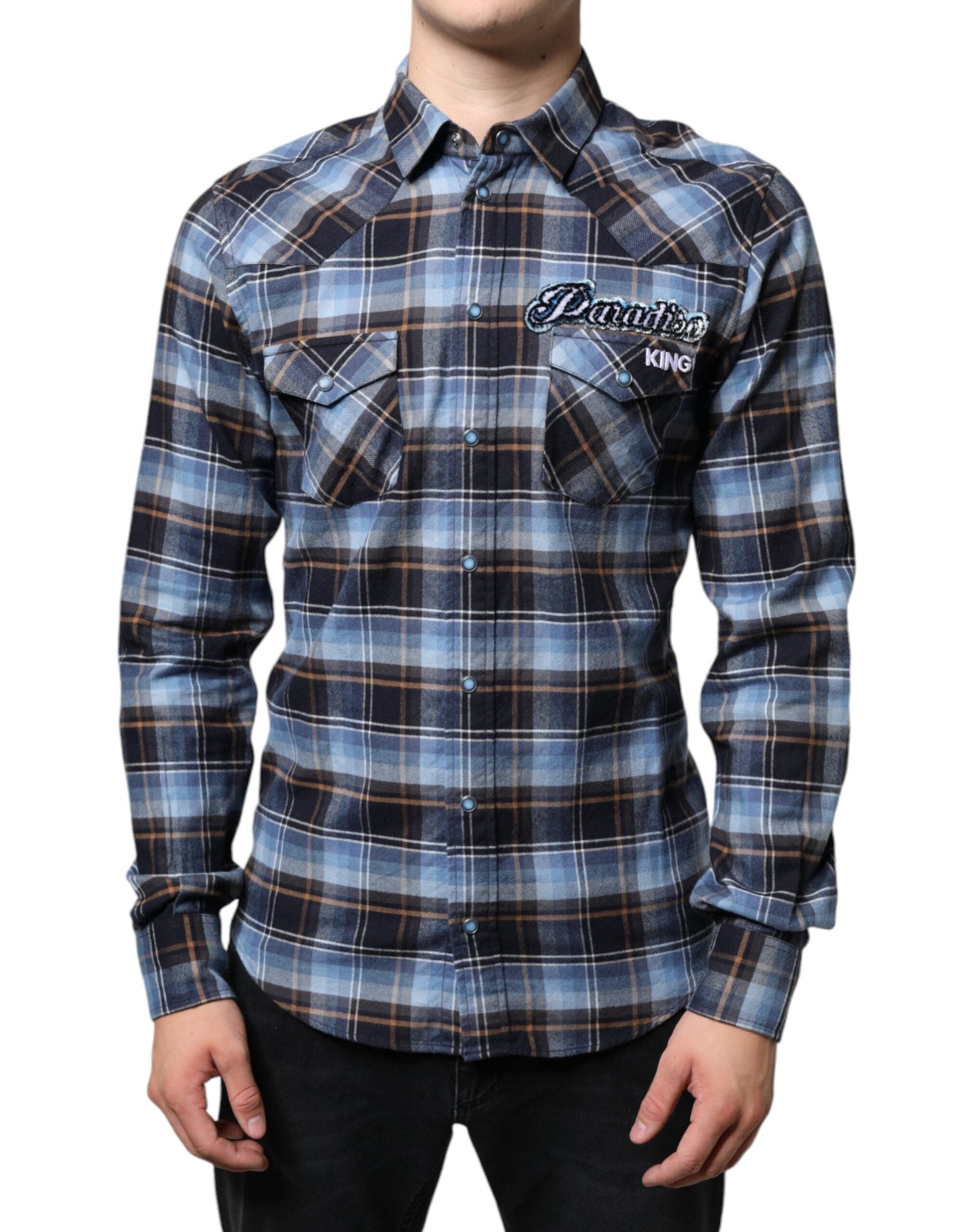 Dolce & Gabbana Multicolor Checkered Paradiso Patch Slim Fit Men's Shirt