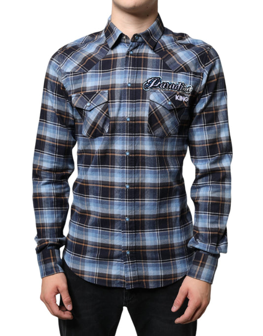 Dolce & Gabbana Multicolor Checkered Paradiso Patch Slim Fit Men's Shirt