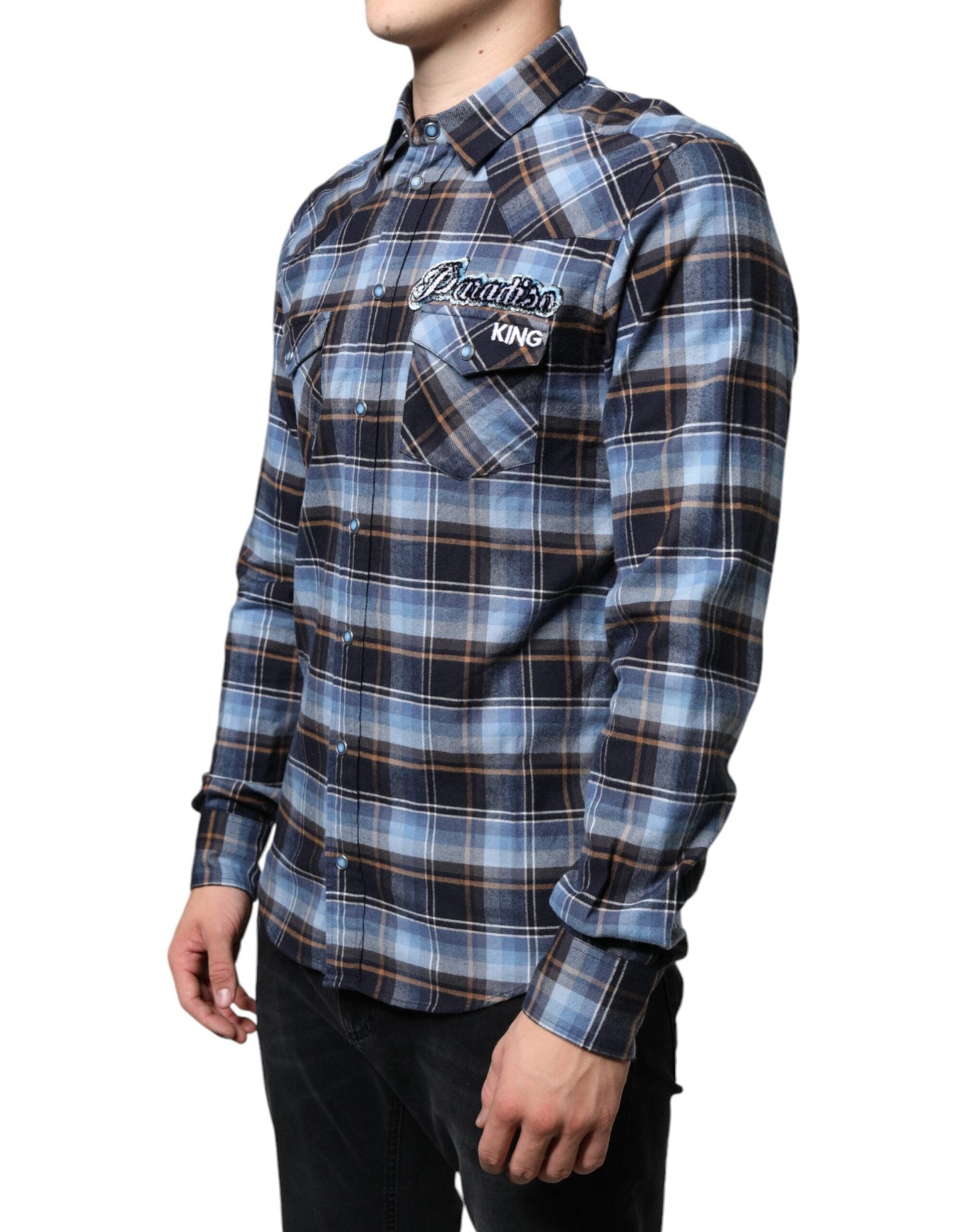 Dolce & Gabbana Multicolor Checkered Paradiso Patch Slim Fit Men's Shirt