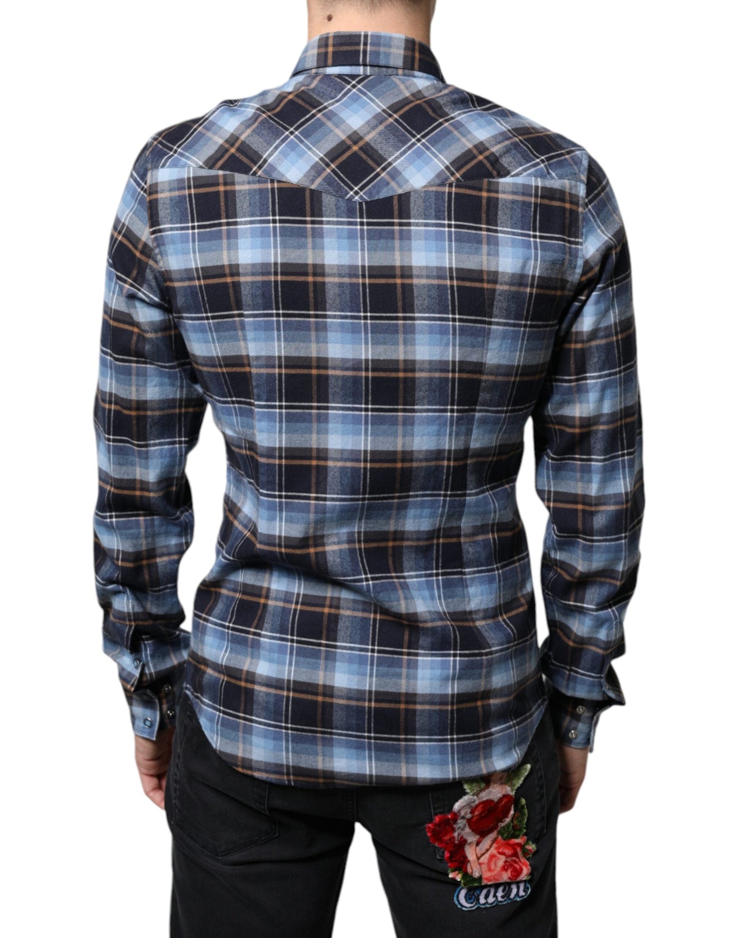 Dolce & Gabbana Multicolor Checkered Paradiso Patch Slim Fit Men's Shirt