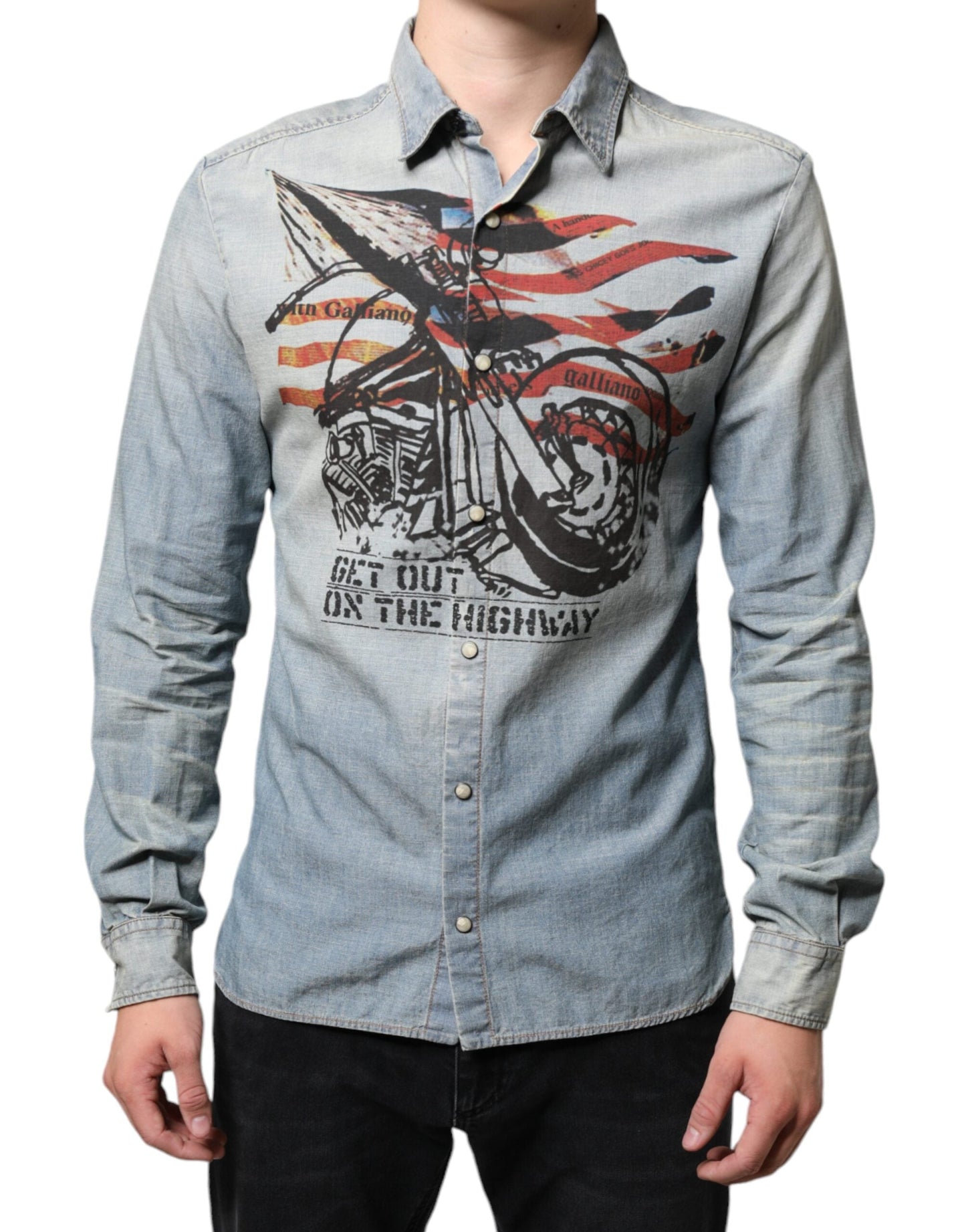 John Galliano Light Blue Printed Cotton Denim Long Sleeves Men's Shirt