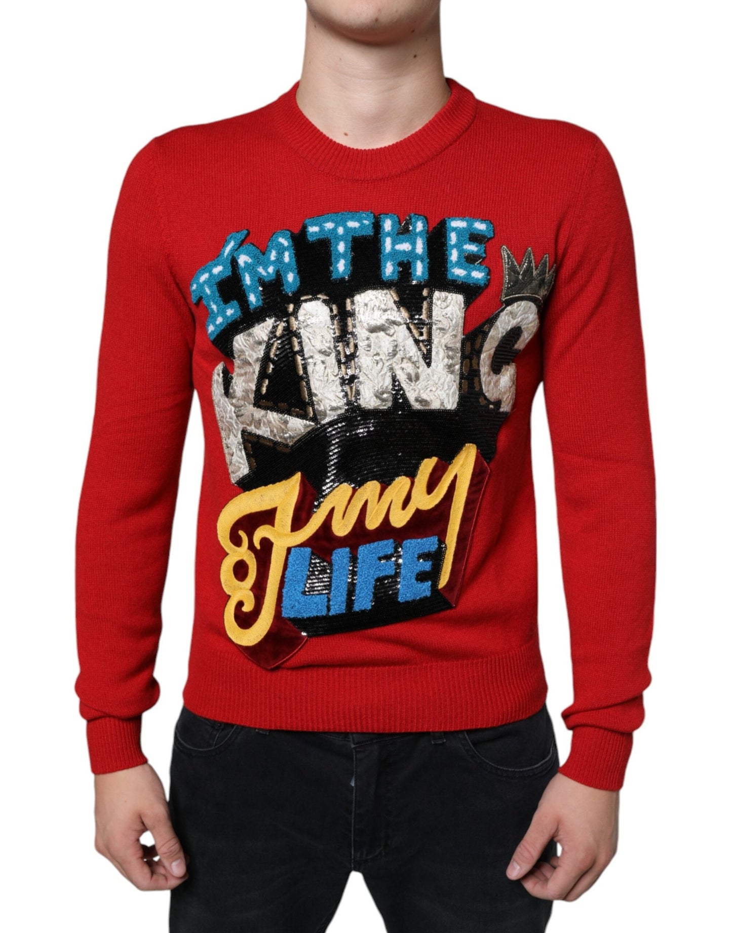 Dolce & Gabbana Red I'm The King Wool Crew Neck Sweatshirt Men's Sweater