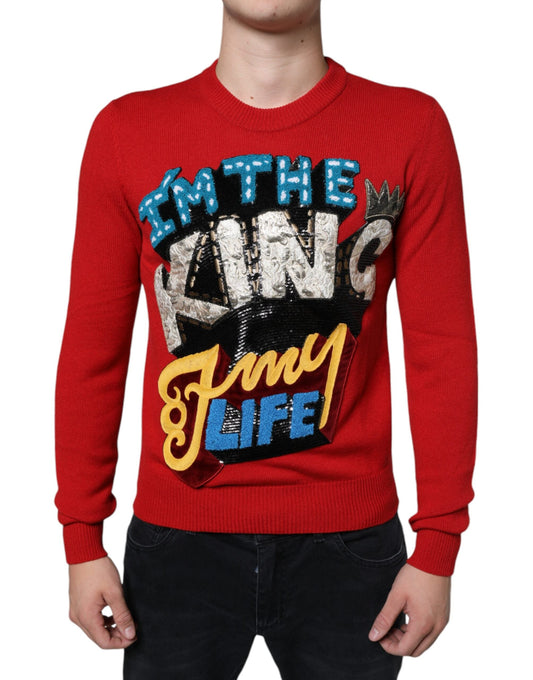 Dolce & Gabbana Red I'm The King Wool Crew Neck Sweatshirt Men's Sweater