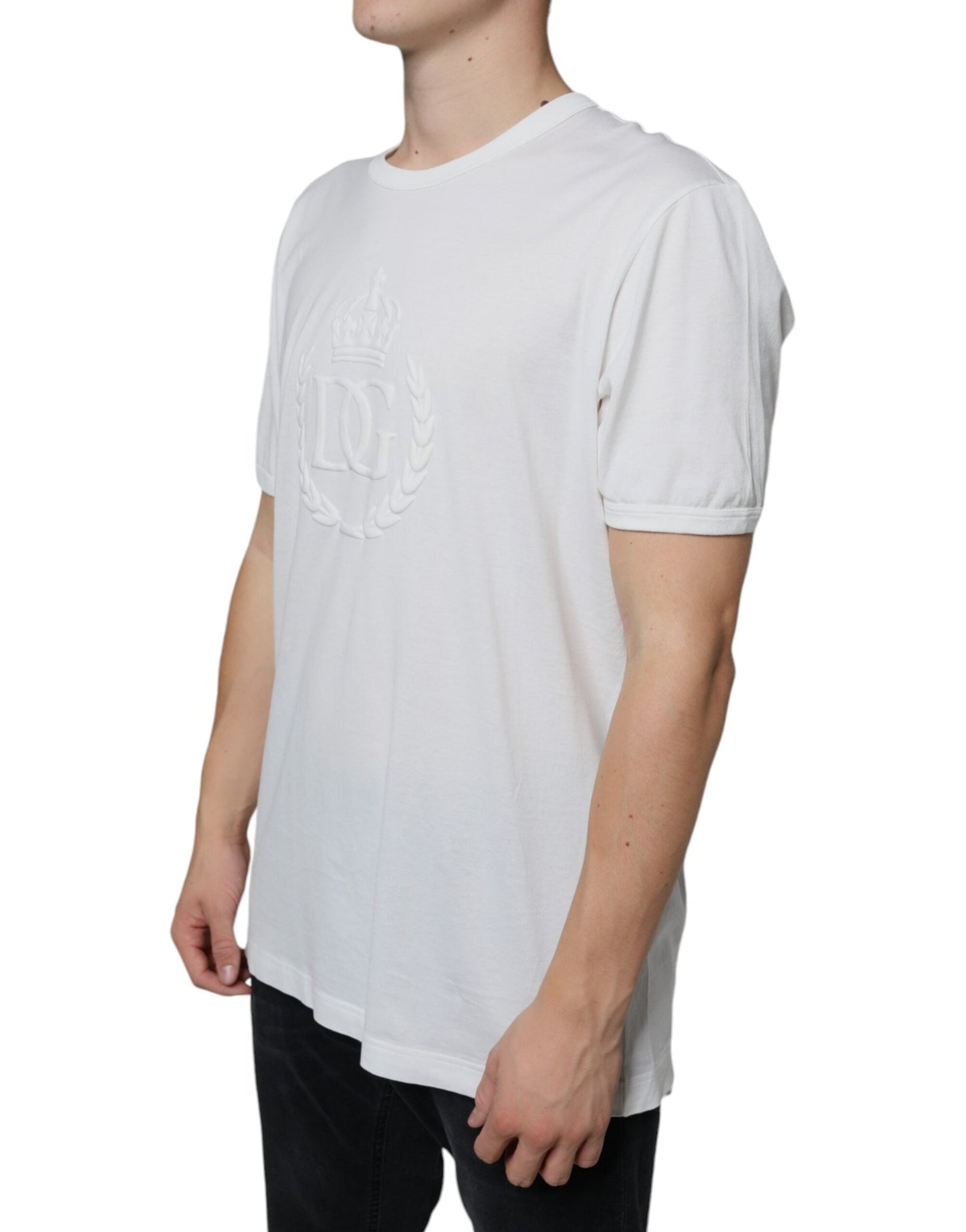 Dolce & Gabbana White Logo Embossed Cotton Crewneck Men's T-shirt (Pre-Owned)