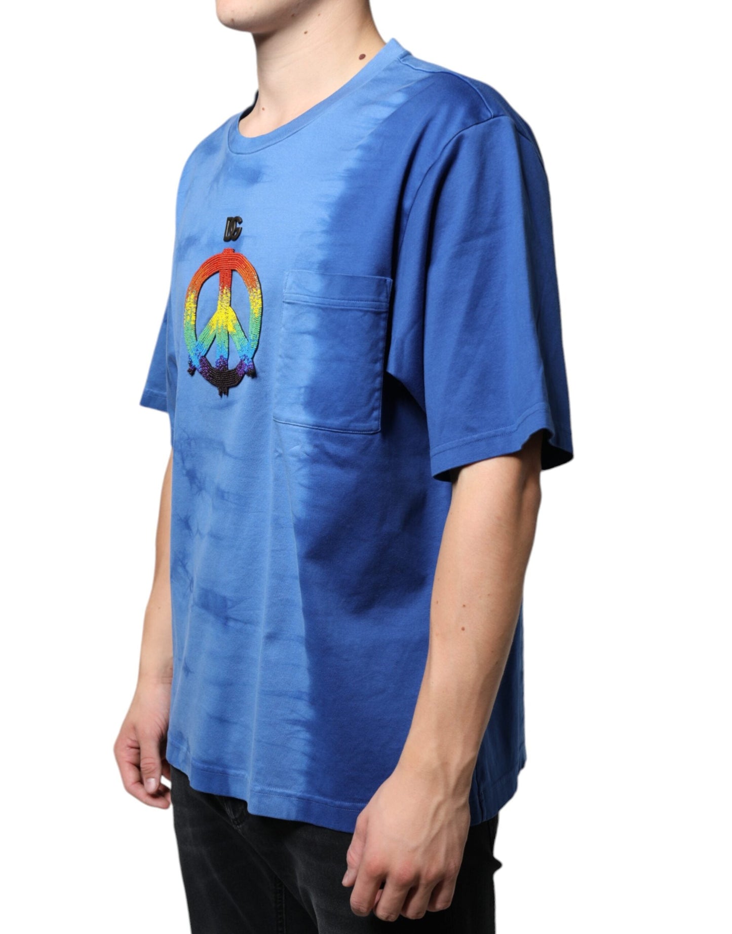 Dolce & Gabbana Blue Tie-Dye Peace Sign Cotton Men's T-shirt