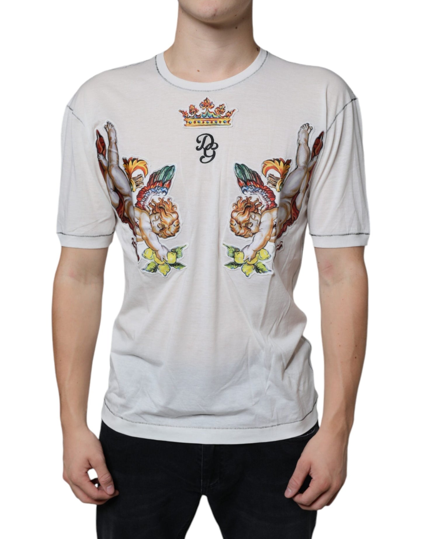 Dolce & Gabbana White Angel Crown Print Crew Neck Men's T-shirt (Pre-Owned)