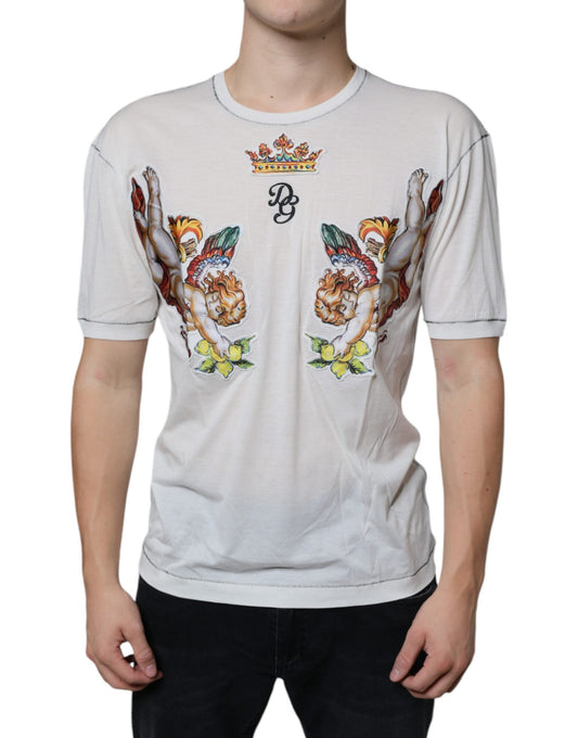 Dolce & Gabbana White Angel Crown Print Crew Neck Men's T-shirt (Pre-Owned)