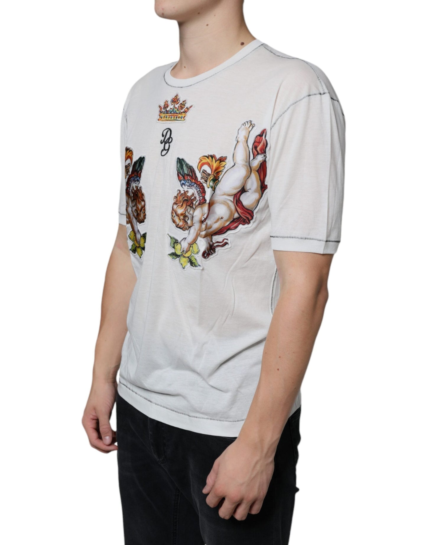 Dolce & Gabbana White Angel Crown Print Crew Neck Men's T-shirt (Pre-Owned)