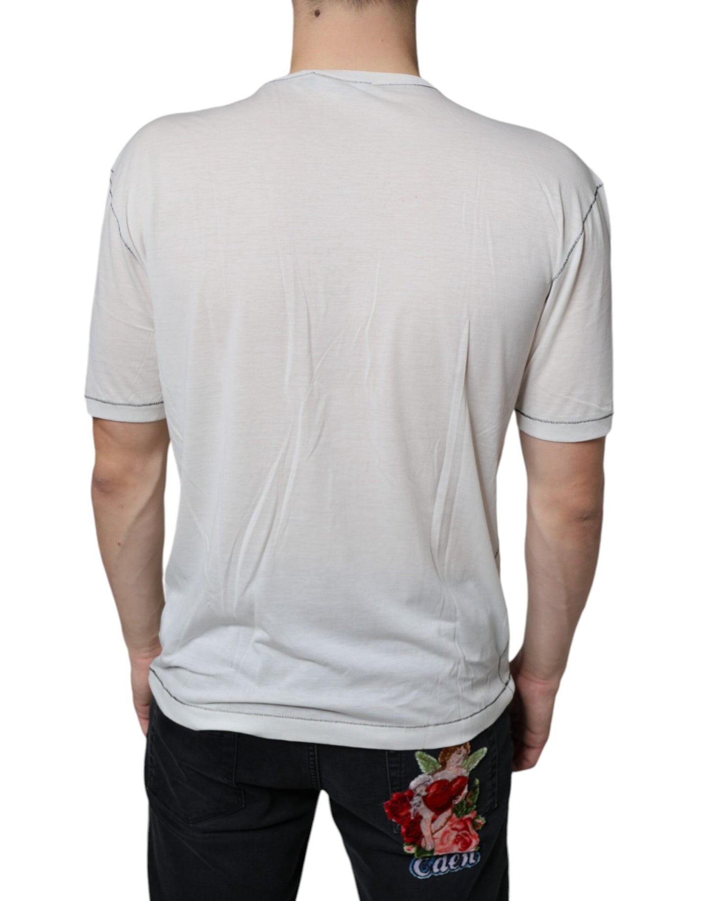 Dolce & Gabbana White Angel Crown Print Crew Neck Men's T-shirt (Pre-Owned)