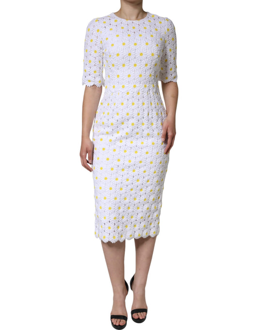 Dolce & Gabbana White Daisy Macrame Lace Sheath Midi Women's Dress (Pre-Owned)