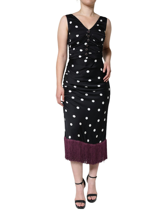 Dolce & Gabbana Black Silk Polka Dot Vneck Tassel Midi Women's Dress (Pre-Owned)