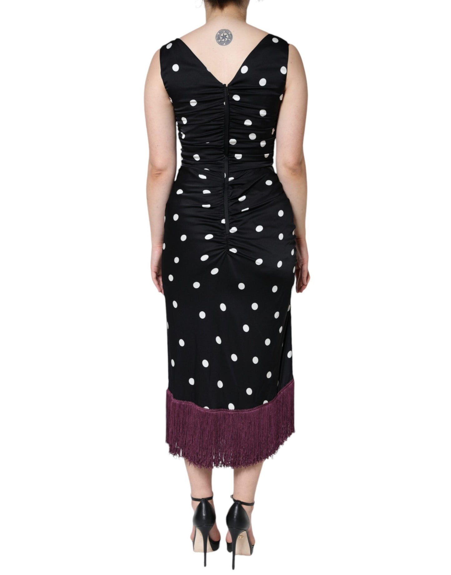 Dolce & Gabbana Black Silk Polka Dot Vneck Tassel Midi Women's Dress (Pre-Owned)
